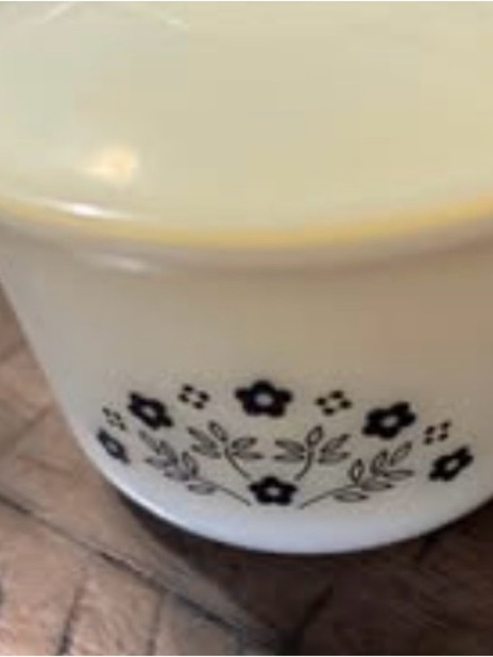 Pyrex White Ceramic Canister with Black Floral Band and Yellow Rim